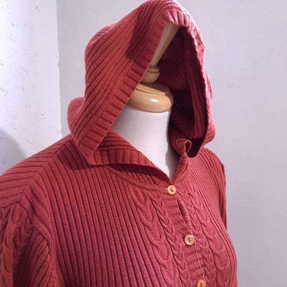 Eddie Bauer | Red cable knit button up hooded womens sweater - Picture 2 of 8